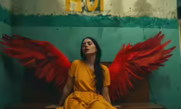 a woman with large red wings sitting on a wooden bench