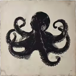 an ink drawing of an octopus,an octopus is mounted to the wall by a white piece of paper