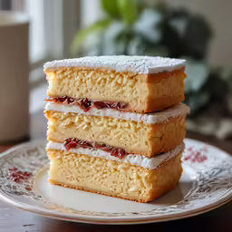 three layers of cake sit on a plate near a cup