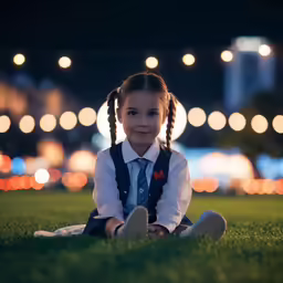 the little girl is dressed in school uniform sitting on the ground