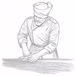 a man in a chefs uniform cutting up some food