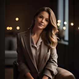 the woman is posing for a photo in a suit
