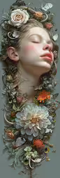 a woman is surrounded by flowers and foliage,an art work with flowers and the face