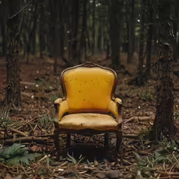 an old yellow chair sits alone in a forest