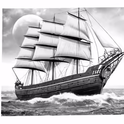 a ship sailing in the ocean with a full moon