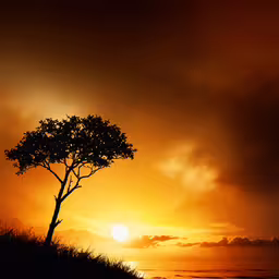 a silhouetted tree stands on the edge of a hill as the sun rises over the ocean,a sunset view with a tree and the sun behind it