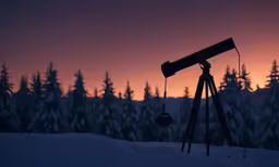 an old telescope with snow on the ground at sunset