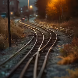 a train tracks with lights on in the distance