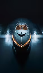 a sleek futuristic car is shown in the dark
