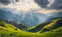 sunbeams shine through the dark clouds over a green valley
