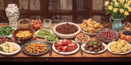 a table full of bowls of snacks and flowers