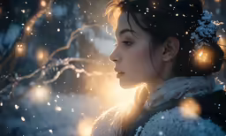 a woman wearing white and winter clothing in the snow