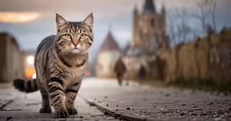a cat that is walking along a street