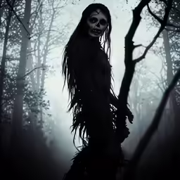 a creepy female skeleton is standing in a foggy forest