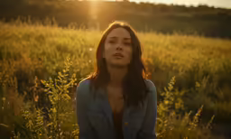 a woman standing in a field during the sun