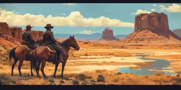 two men sitting on top of horses looking at a canyon
