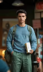 a man in striped sweater walking with backpack