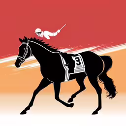 an abstract painting of a jockey racing a horse,a horse with jockey and white and red background