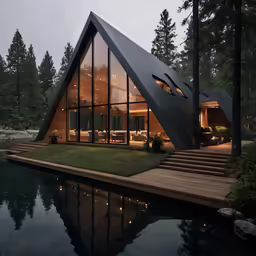 a modern house is set into the water