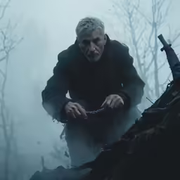 an older man in the fog reaching out from a pile of branches