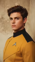 young man dressed in yellow uniform from star trek
