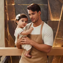 a man and his little daughter wearing aprons