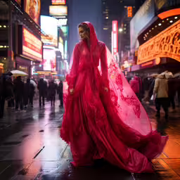 a woman in a long red dress poses for the camera,a young woman is walking down the street wearing a red dress