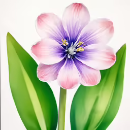 a pink and blue flower on a green stem