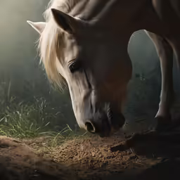 a brown horse standing on top of a dirt field