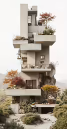 a modern concrete building with potted plants in front