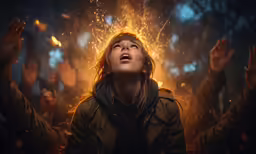 woman standing in the air with her hands outstretched as fireworks fly above