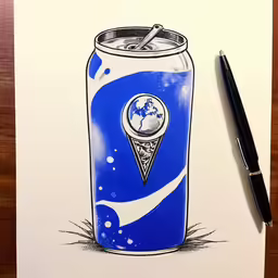 a bottle of soda sitting next to a pen