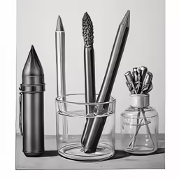 black and white drawing of a glass with pens, pencils, and lighter