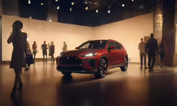 a red suv in front of some people