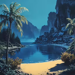 an oil painting with a river and palm trees