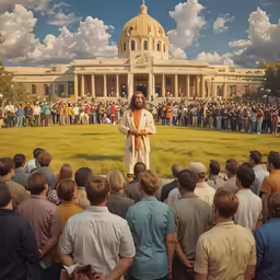 a crowd is gathering in front of a building