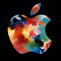 an apple with colorful clouds painted on it
