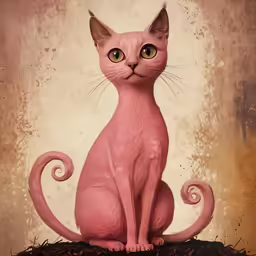 a painting of a pink cat sitting on top of hay