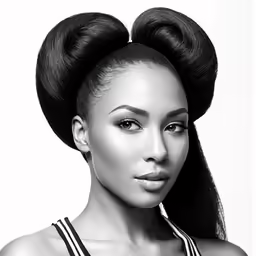 a woman with large hair in a top knot