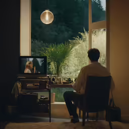 a person in a chair watching tv in front of a window