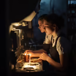 two young women sit at a counter while looking at the screen