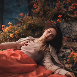 woman lying on a bed of red cloth outdoors