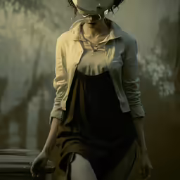 woman in steam costume with large plastic mask on head