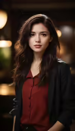 a woman in a red shirt standing with her hand on her chest
