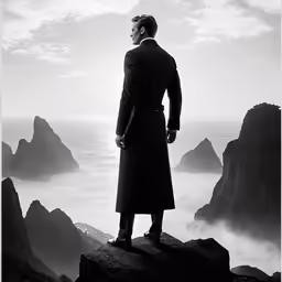 a man stands atop a rock and looks out towards the ocean