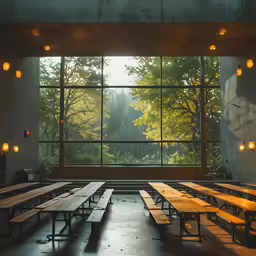 empty wooden benches facing out in a room