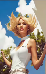 an attractive woman standing in front of trees