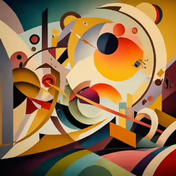 abstract painting with orange, yellow and black shapes
