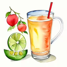 a glass of fruit juice next to an apple,a cup of tea and some lemon and limes
