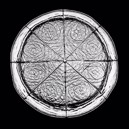 a black and white photo of the back side of a plate with different circles and lines